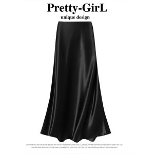 V.C.I | High-Waist Elegant Black Acetate Satin A-Line Skirt