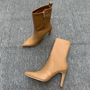 Giày Bốt Cao Gót Mũi Nhọn Da Thật Giày Bốt Ngắn Thời Trang Đa Năng Màu Trơn Giày Cao Gót Đế Cao Không Gây Mỏi Cho Nữ