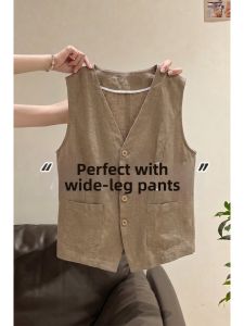 V.C.I | Khaki Color Linen Cotton Blend Sleeveless Vest for Summer Wear T-Shirt Layering