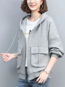 Casual Stylish Large Size Spring Autumn Womens Jacket Young Mom Open Cardigan Top Trendy Sweatshirt Matching Casual Outerwear