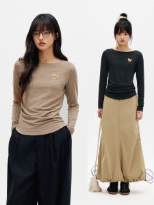 PSO Brand | Knitted Embroidered Dog Boat Neck Waist-Cinching Slim Fit Blouse