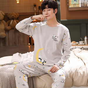 Bộ Đồ Ngủ Cotton Dài Tay Cho Nam Mùa Thu 2024 Bộ Đồ Mặc Nhà in Họa Tiết Hoạt Hình Cỡ Lớn Quần Dài Cổ Tròn