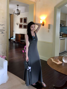 Slim Fit Black V-neck Summer Dress Womens Strapless Long Dress Fashionable Slimming Effect Modal Fabric Knitted Gown