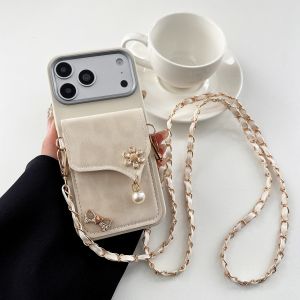 Pearl Flower Wallet Lanyard Case for IPhone 18 17 Pro Max 16 Plus 15 14 13 12 Pro Strap Card Slot Crossbody Leather Phone Cover