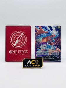 One Piece Card Game Luffy Leader Card Gear 5 English. Red card with white logo. Card features Monkey D. Luffy with 5000 power.