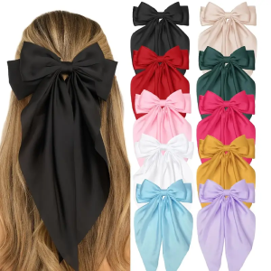 Korean Style Hair Clips for Women Girls Big Bowknot Solid Satin Long Ribbon Bows Spring Clamp Barette Fashion Girls Hair Accesso