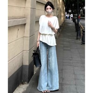 YUEZHONGWEI | Slim Fit V-Neck Ice Silk Knitwear Short Sleeve Womens Summer Waist-Cinching Design Half Sleeve Top Fashionable Commute Style