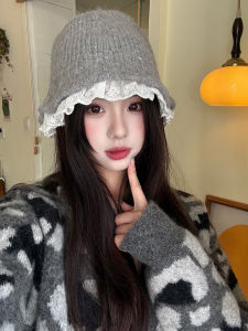 Korean Style Lace Lace Woolen Bucket Hat Fall and Winter All-Matching Warm Sweet Beauty Season Idle Style Face-Looking Small Knitted Hat