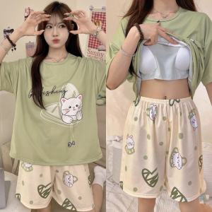 Cotton Summer Sleepwear Womens Short Sleeve Shorts Set with Built-in Bra Pad Thin Home Clothes No Need to Wear Bra