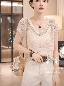 เสื้อถักคอวีแขนสั้นสไตล์โบฮีเมียน ทรงหลวม ทรงบาง สำหรับผู้หญิง ฤดูร้อน 2024 เสื้อคลุมกันหนาวแบบลำลอง สีสันสดใส