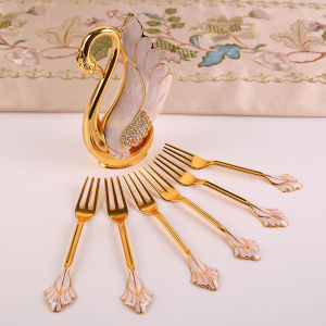 Creative Dinnerware Set Decorative Swan Base Holder with 6 Spoons or Forks for Coffee Fruit Dessert Stirring Mixing Gift Idea