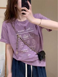 Purple Short Sleeve T-Shirt Womens Fashion Shoulder High Waist Summer New Style Korean Version Loose Fit Cotton Blend Top
