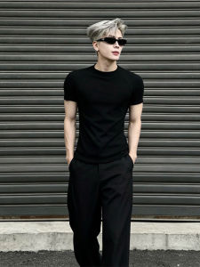 Black Fitted Cuff Trim Summer Short Sleeve Outfit Men Fitness
