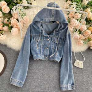 Chic Retro Denim Short Coat Womens Casual Autumn Wear Hooded Open Cardigan Stylish Vintage Top for Younger Looking