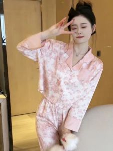 Chic Ice Silk Butterfly Print Sleepwear Set Short Sleeve Long Sleeve Home Clothes Pink Floral Pattern Youth Size Comfortable Fit
