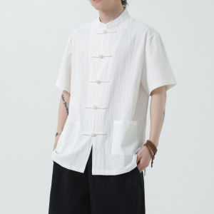 Summer Cotton Linen Short Sleeve Shirt Han Shirt Half Sleeve Tai Chi Clothing Buttoned up Artistic Chinese Style Youth Casual Wear