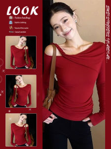 Spring Red Off-Shoulder Long Sleeve T-Shirt