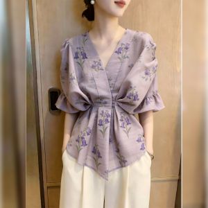 Light Purple Floral Print V-Neck Blouse Puff Sleeves Tie Detail