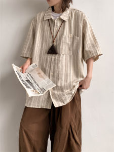 Loose Fit Mens Striped Shirt Casual Style Turn-down Collar Pocket Detail Summer Fashion Retro Trend Japanese Style Outerwear