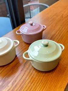 Cabify Ceramic 200ml Mini Bowl with Double Ear Bowl and Lid Mini Cooking Pot Single Servings Salads Yoghurt Soup Bowl