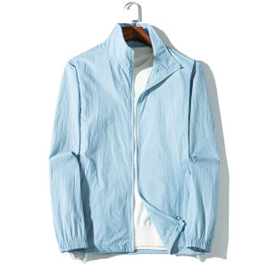 Summer Sun Protection Clothing Hooded Thin Jacket Mens Breathable Solid Color Stand Collar Casual All-Match plus Size Wind Shield Jacket