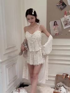 Ice Silk Pajamas for Woman Girls in Summer Pure Desire Suspender Shorts Pyjamas Thin V Neck Home Clothes Set with Padded