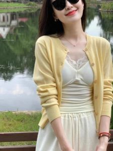 YUANYA | Yellow Knit Cardigan for Small Women Light Outerwear