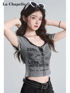 La Chapelle | Letter Print Retro Design Short Sleeve T-Shirt Women Grey