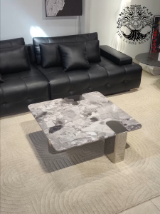 Bàn trà sofa bàn phòng khách bàn cafe nhập khẩu cao cấp mặt đá cẩm thạch vuông chân trụ Inox