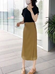 เรียบหรู สูง เอว กระโปรงยาวปานกลาง สําหรับผู้หญิง ฤดูร้อน ไม่สมมาตร ดีไซน์ ทรงเอ ยาว กระโปรง วัสดุบาง ชุดกึ่งทางการ กระโปรง