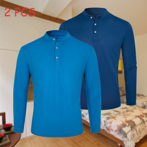 2PCS Mens Summer Long Sleeve Henry Polo Shirt Casual Breathable Comfortable Solid High Quality Male T-Shirt for Dropshipping