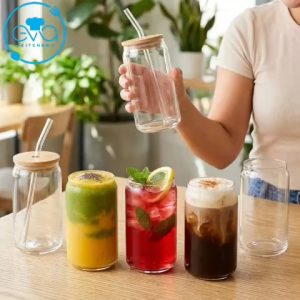 Hộp 6 Ly Thủy Tinh Dáng Lon Can Glass 500ml Uống Nước Giải Khát Sinh Tố Kèm Ống Hút Và Nắp Gỗ