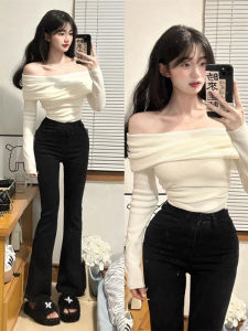 Áo Len Dệt Kim Một Bên Vai Màu Trắng Kiểu Pháp Cho Nữ Mùa Xuân Dáng Ôm Vừa Vặn Ngắn Gợi Cảm Áo Len Dệt Kim Cổ Tròn Tay Dài