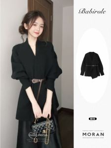 French Elegant Black V-Neck Knitted Sweater Cardigan Autumn Winter Fashion Outerwear Light Maturity Quality Style Hebe Little Fragrance Wind