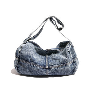 กระเป๋าสะพายข้างผ้าเดนิมสไตล์ย้อนยุค ความจุขนาดใหญ่ กระเป๋าสตางค์ทรงหม้อต้มสำหรับผู้หญิง กระเป๋าสะพายไหล่เดียวสำหรับเดินทาง กระเป๋าแฟชั่น