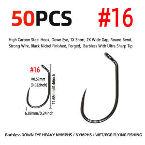 50PCS Barbless Wide Gap Down Eye Heavy Nymphs / Nymphs /Wet /Egg Fly Fishing Flies Hook and for Saltwafter Fly Hooks 10# ~22#