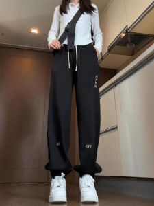 Black Track Sweatpants Female Spring and Autumn American Vibe High Street Ankle Banded Pants Loose Plus Size Exercise Casual Pants