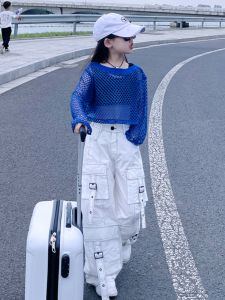 Fashionable Girls Summer Outfit 2025 Mesh Hollow Long Sleeve T-Shirt And Casual Work Pants Two-Piece Set for Ages 5-14