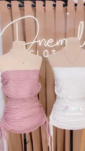 DNEMNLPH Petunia Tube & Ruched Skirt Set - Textured Summer Basic Plain Garter Stretch Self Tie Beach Outfit
