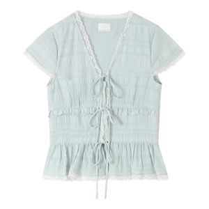 Bộ Váy Sơ Mi Hai Mảnh Màu Xanh Biển Mặn Ngọt CHACHASTU Dành Cho Nữ Cổ Chữ V Tay Ngắn Váy Midi Áo Sơ Mi Bộ Đồ Hai Mảnh