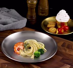 DXL Korean Stainless Steel Thickened Round Plate Golden Cafe Tray Fruit Plate Cake Plate Bone Plate Vegetable Dish Shallow Plate