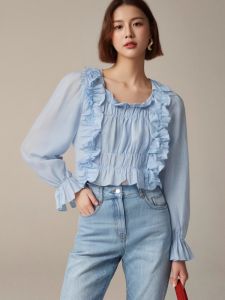 เสื้อเชิ้ตแขนยาวผู้หญิง Pure Cotton ทรงเข้ารูปสไตล์เกาหลี ปักลายดอกไม้ ทรงเข้ารูป ฤดูใบไม้ร่วง 2024 เสื้อเชิ้ตสไตล์ฝรั่งเศส