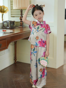 New 2025 Girls Summer Outfit Traditional Chinese Style Hanfu Clothing Cute Little Girl Set Casual Short Sleeve Stand Collar