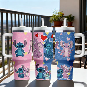 Disney | 1pc 40oz Stitch & Angel Stainless Steel Water Bottle Insulated Tumbler Cup for Hot & Cold Drinks with Handle & Straw Daily Use