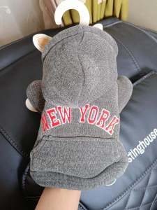 Thickened New York Hoodie Dog Clothes Teddy Bear Pet Apparel Autumn Winter Outerwear Fleece Pulling Harness Grey Color