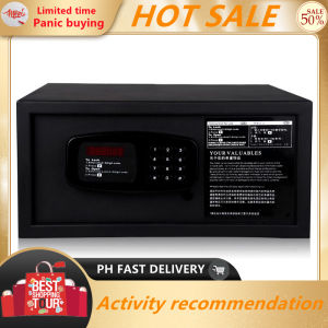 Black electronic safe with digital keypad and red display. Fits home or office use. Scene: secure storage for valuables.