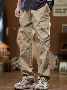 ROMON | Lormen Mens Summer Ice Silk Loose Straight Leg Drawstring Multi-Pocket Workwear Pants Lightweight Breathable Casual Trousers