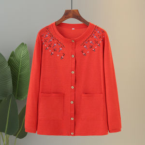 Outwear Middle-Aged and Elderly Womens Clothing Spring and Autumn Plus Size Outwear Loose Easiest for Match Embroider Jacket Womens Mom Clothing Knitting Cardigan