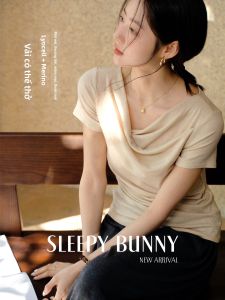 Áo thun Tencel nữ mùa hè cổ lệch kiểu Pháp dáng ôm retro