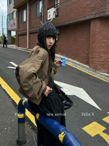 Falin X American Retro Short Jacket Womens Spring Autumn Windproof Loose Stand Collar Design Sense Top Polyester Fiber